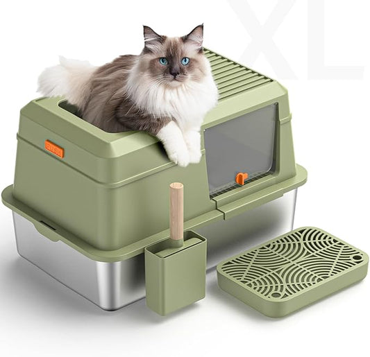 Stainless Steel Cat Litter Box with Scoop, Metal Litter Box High Sided, Cat Litter Box Enclosure, XL Extra Large High-Sided Litter Boxs (Anti-Urine Leakage, Include Scoop) (Green)