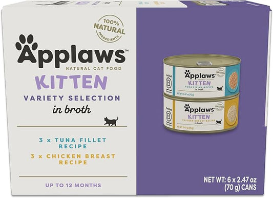 Applaws Natural Wet Kitten Food, Limited and Natural Ingredients, High Protein with No Artificial Additives, Kitten Variety Selection in Broth (6 x 2.47oz Cans)