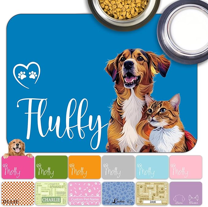 Personalized Dog Food Mat with Photo Name Custom Non Slip Pet Feeding Mat Waterproof Backing Absorbent Fabric Dog Cat Bowls