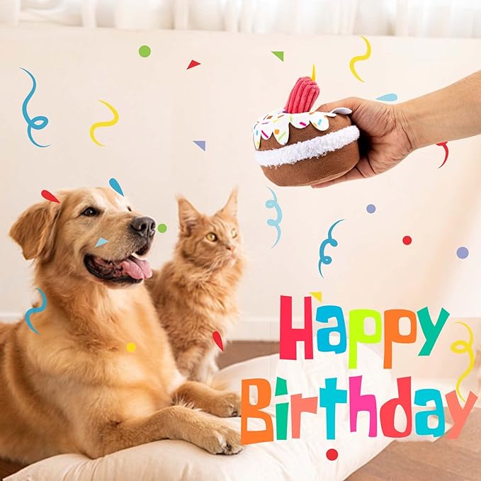 Dog Birthday Toy, Birthday Cake Toys for Puppy Gifts, Squeaky Plush Dog Toys