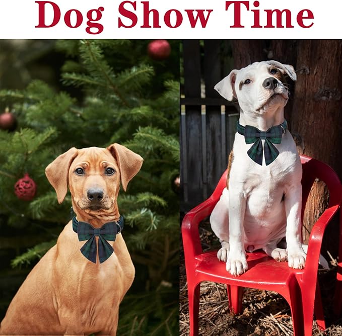 Unique style paws Christmas Dog Collar with Bow Tie Green Plaid Puppy Collar for Small Medium Large Dogs as Autumn Winter Pet Gifts-L