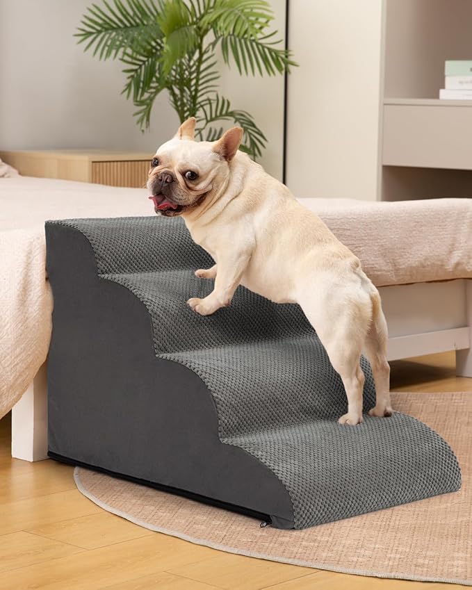 Dog Stairs Ramp for Bed and Couch,4 Step Dog Steps for Small Dogs,Pet Stairs with Non-Slip Bottom for Old Cats,Indoor Pet Steps,Comfort,Durable,17.4" H,Grey