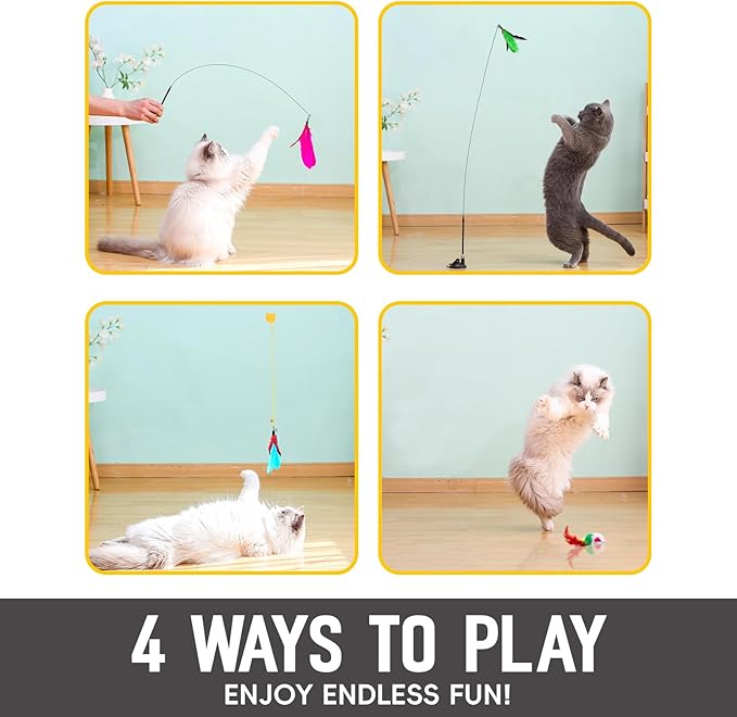 4-in-1 Interactive Cat Toys Set - Feather, String,Suction Cup Cat Toy Stick & Wand Toys with 15 Replaceable Attachments for Indoor Cats