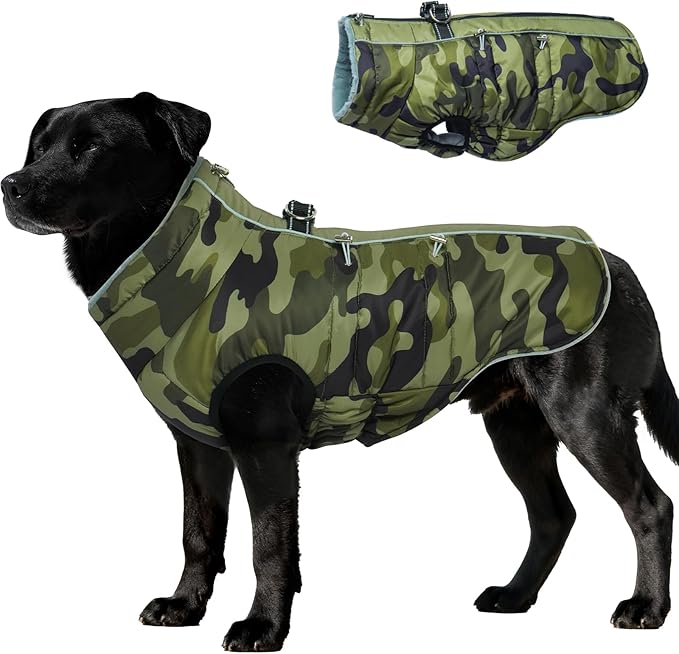 Dog Coat Dog Winter Jacket-Large, Warm Zip Up Snowsuit Dog Harness Vest Reflective Water-Resistant Dog Coat Dog Snow Jacket for Large Dogs French Bulldog, Pug, Camouflage