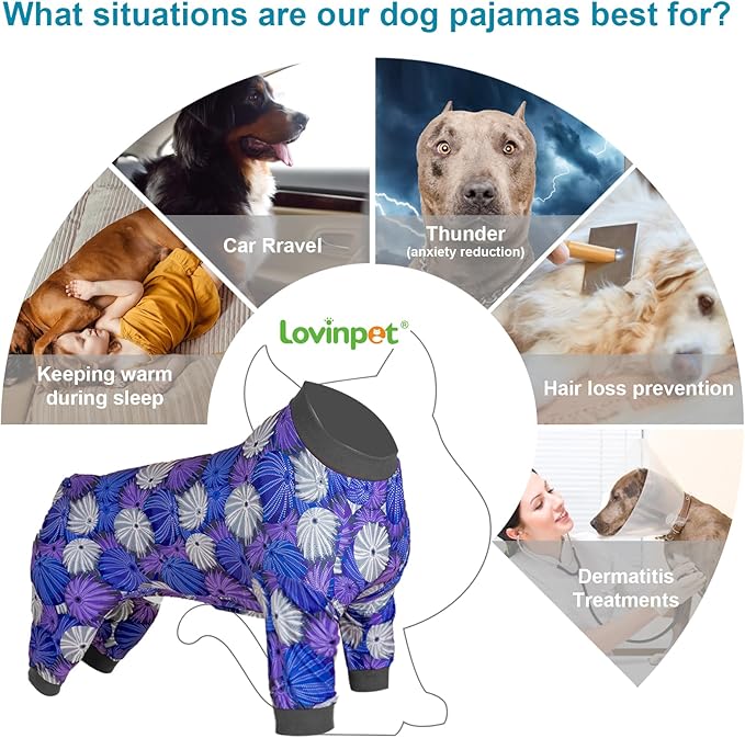 LovinPet Large Dog Onesie for Male, Anti Licking, Anxiety Calming Dog Clothes, Lightweight Stretchy Fabric, Sea Urchins Grey Print, Pitbull Party Clothes, Pajamas for Pitbulls, Onesies for Dogs, 3XL