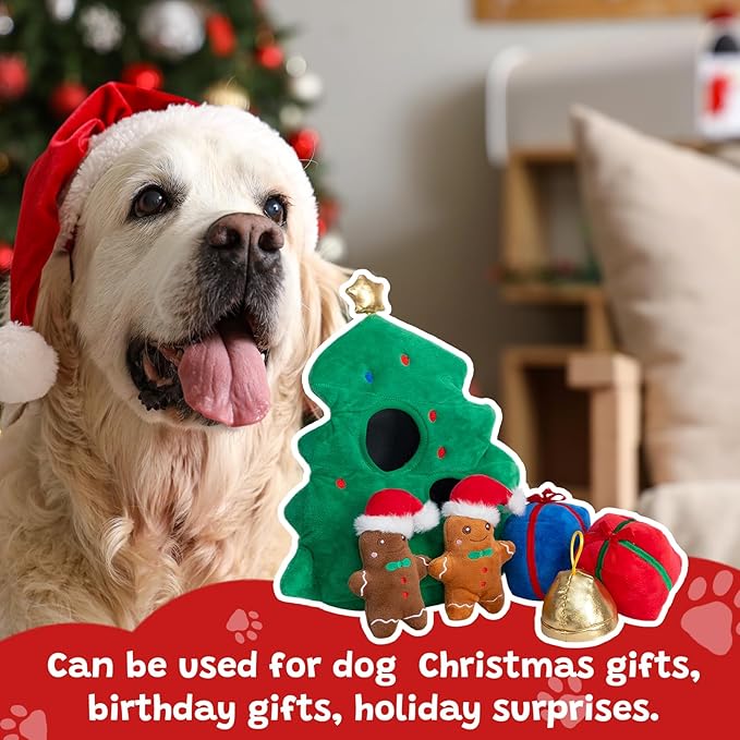 Hollypet Squeaky Dog Toy, Interactive Plush Hide and Seek Dog Toys for Small Medium Sized Dogs and Non-Aggressive Chewers, Puppy Teeth Clean Chew Toys, Christmas Tree