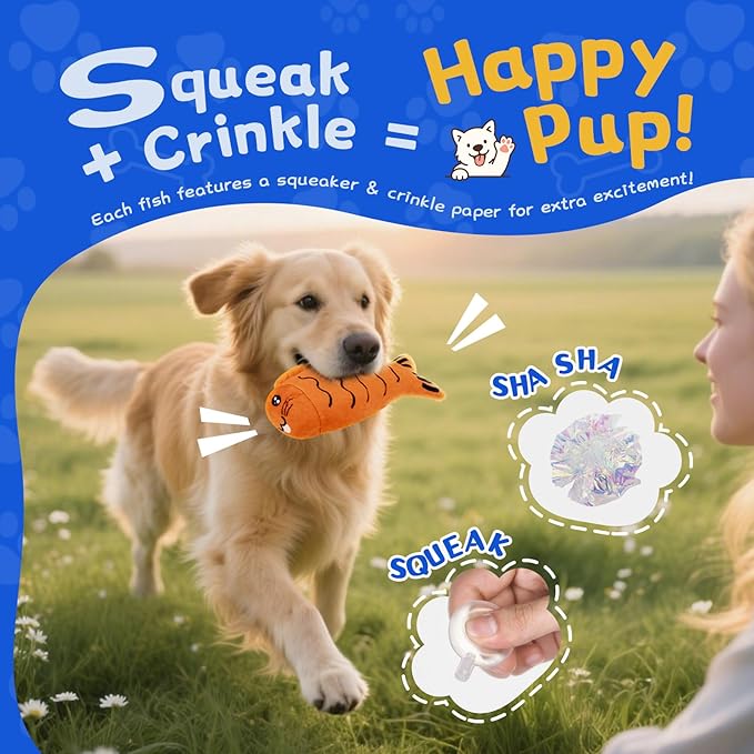 Squeaky Dog Toys for Small Dogs & Puppy – 3 Pack Fish Crinkle Squeak Pet Toys for Interactive Play, Boredom Relief & Teeth Cleaning