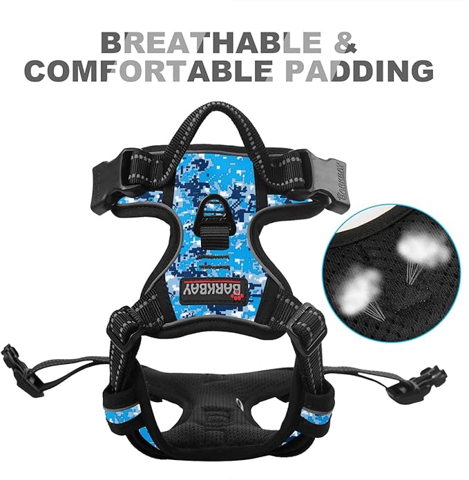 BARKBAY No Pull Dog Harness Front Clip Heavy Duty Reflective Easy Control Handle for Large Dog Walking(Blue camo,M)