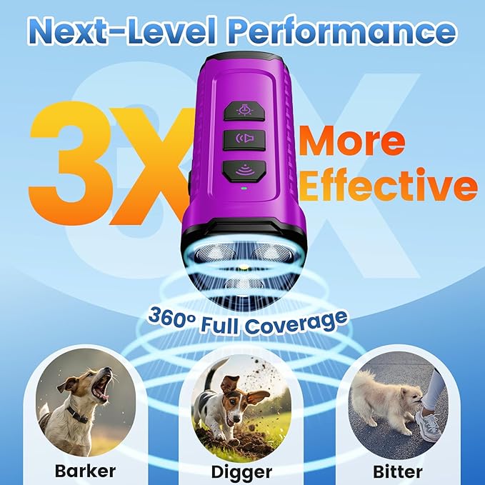 Dog Bark Deterrent Device, Anti Barking Device for Dogs 3X Ultrasonic to Stop Barking Neighbors Dog| 50ft Range, 5 Adjustable Modes, Flashlight & Beep | Safe & Effective for Small, Medium & Large Dogs