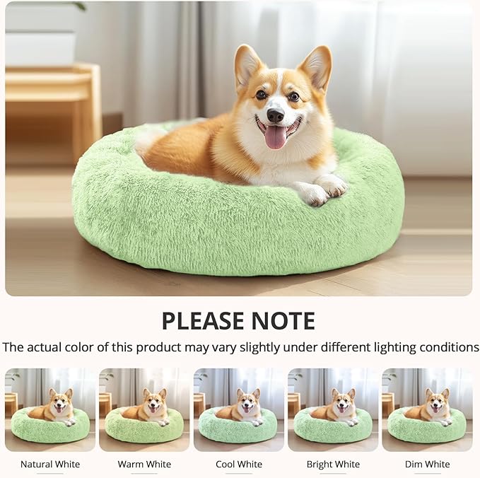 JOLLYVOGUE Calming Dog & Cat Bed for Small Dogs, Anti-Anxiety Donut Cuddler Cozy Soft Round Bed with Anti-Slip Bottom, Fluffy Faux Fur Plush Cushion Beds for Small Medium Pets (20")