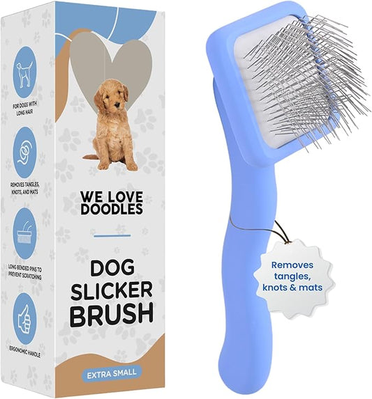 We Love Doodles Dog Slicker Brush for Grooming Pet Hair - Best Brushes For Poodle & Golden Doodle - Long Haired Coat Hairbrush - Goldendoodle Long Pin Brush For Dematting (Extra Small)