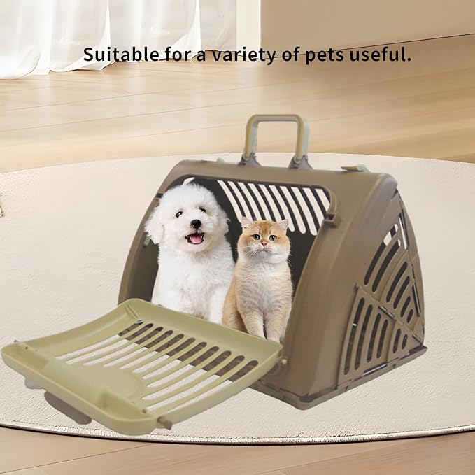 Foldable Travel Cat Carrier, Small Cat Carrier Hard Up to 25lbs, 18" Lx14.5 Wx14 H Front Open Type Plastic Cat Carriers, Beige + Coffee
