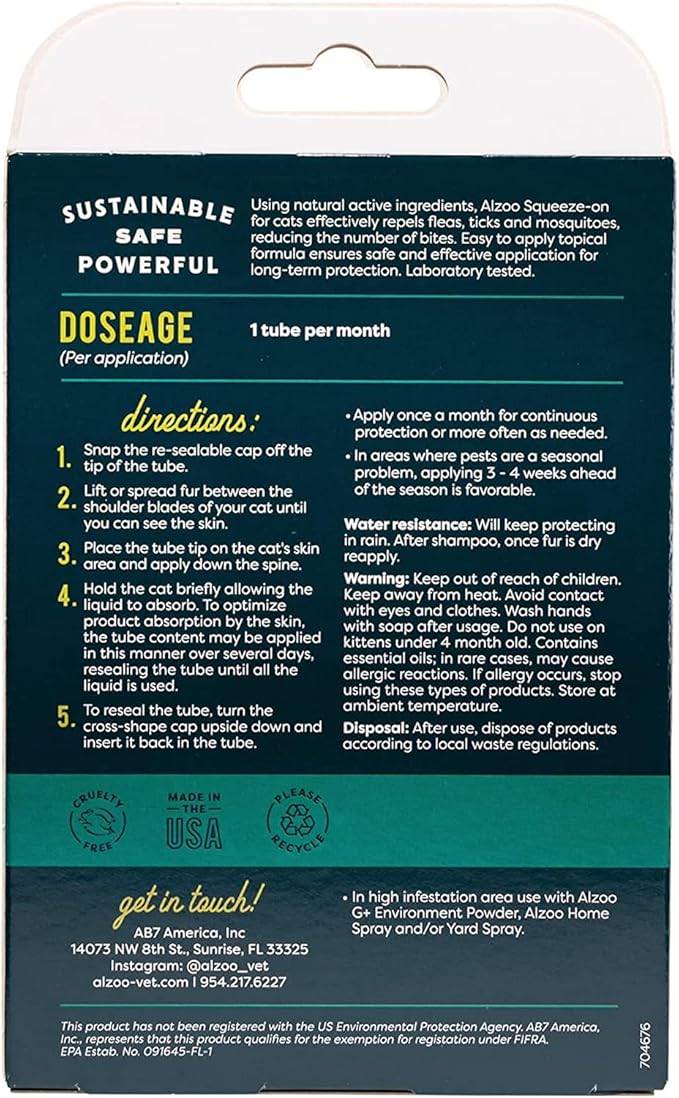 Natural Flea & Tick Squeeze-On for Cats, Helps Repel Fleas, Ticks & Mosquitos, Up to 3-Months Protection, Plant-Based Active Ingredients, Water-Resistant, 3 EZ-On Applicators Per Pack