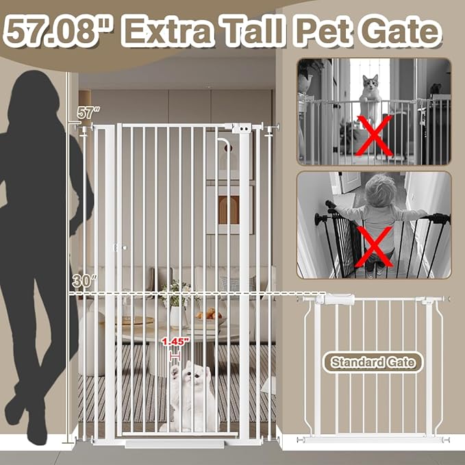 57" Extra Tall Cat Gate for Doorways, 29.5"-38.5" Tall Pet Gates for Cats Walk Through, Auto Close High Baby Gates with Door, Child Safety Gate Indoor Stairs, Cat Proof Gate for Dogs, White