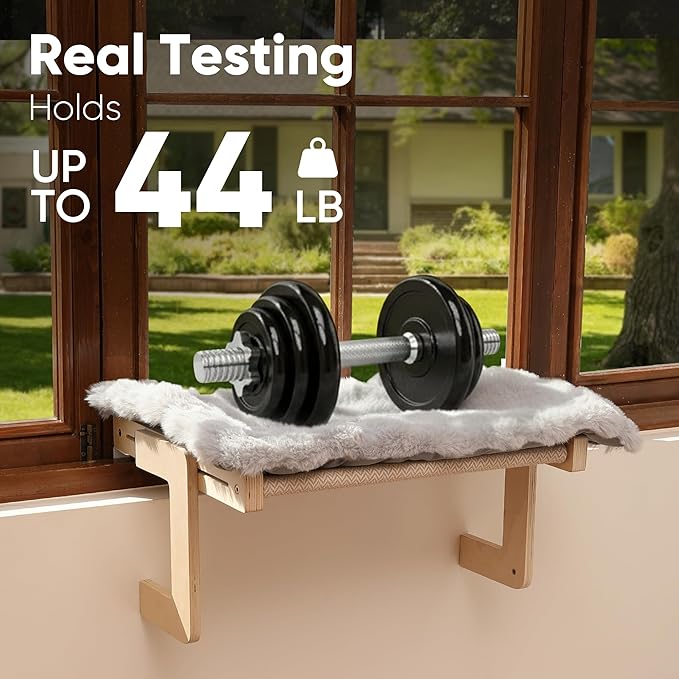 FUKUMARU Cat Window Perch, Transformable Cat Hammock with Fluffy Cushion for Windowsill and Floor, Cats Window Bed for Large Cats and Kittens, Reinforced Wood and Metal Frame, Easy to Adjust Pet Pech