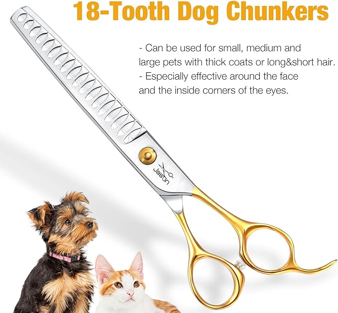JASON 7.5" 18-Teeth Chunkers Shears for Dogs Cats Grooming Texturizing Blending Thinning Scissor Pets Trimming Kit Sharp Gold Shear for Right Handed Groomers
