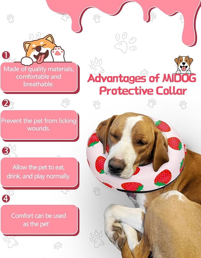 MIDOG Inflatable Dog Cone Alternative for After Surgery - Soft Protective Donut Collar Prevents Licking, Comfortable Recovery E-Collar Alternative for Small Medium Large Dogs (Strawberry,L)