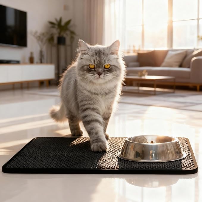 Cat Litter Mat Cat Litter Trapping Mat, 30 x 22 inch Honeycomb Double Layer Design, Urine and Water Proof Material, Scatter Control, Less Waste, Easier to Clean, Washable black