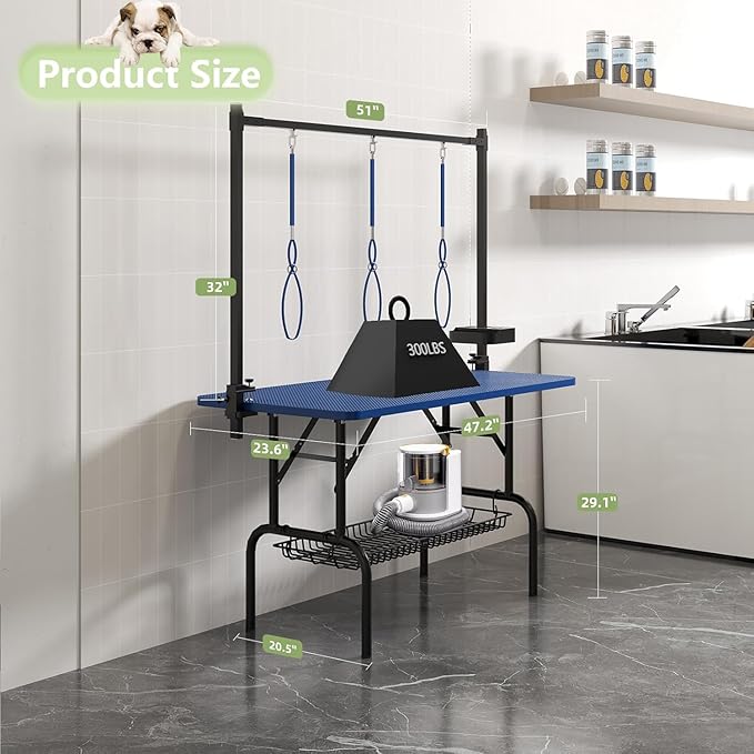 VFK 36''/47''Large Dog Grooming Table, Foldable Grooming Table for Dogs at Home Pet Grooming Station,Adjustable Cat Drying Desktop with Arms, Nooses, Mesh Tray (Basic pet Table, 47" Blue)