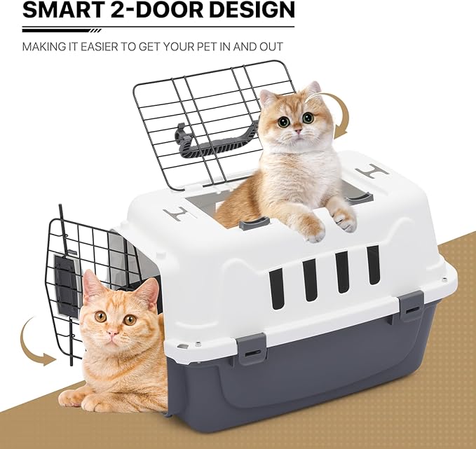 MoNiBloom 18-Inch 2-Door Top Loading Cat Carrier, Plastic Dog Crate Hard-Sided Dog Travel Carrier for Small Dogs and Cats, Ventilation and Security Lock Design for Pets up to 10 lbs (Grey)