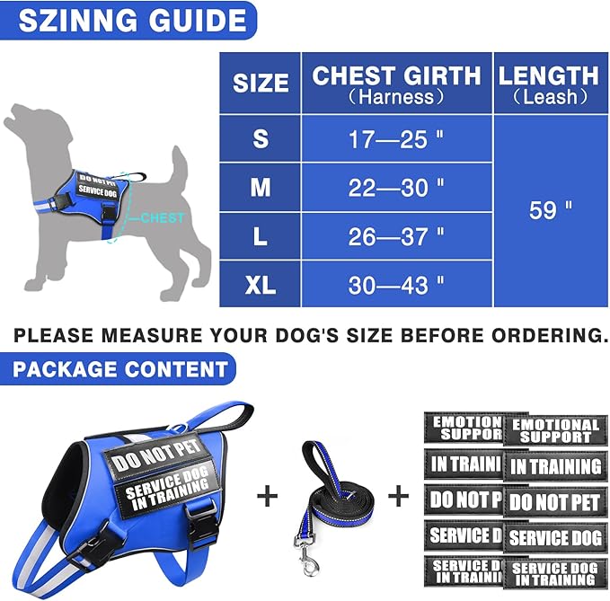 Service Dog Vest Harness and Leash Set+10 Patches,No Pull&Easy Walk Reflective Dog Harness with Soft Padded Handle for Training/Everyday,Fit Small/Medium/Large/Extra-Large Dogs (Blue L)