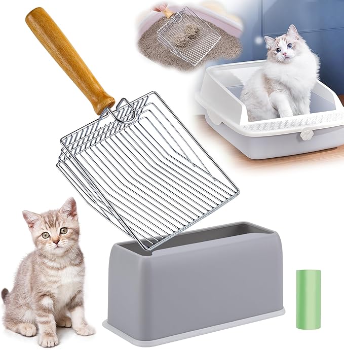 DHXYZZB Cat Litter Scoop, Metal Cat Litter Scooper Kitty Poop Scooper Stand for Litter Box, Fast Sifting Non-Stick Large Cat Poop Sifting cat Scooper (Silver, Large)