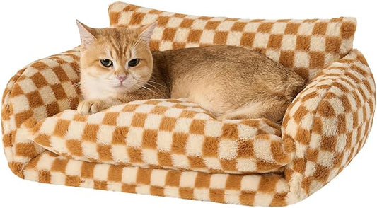 Hollypet Cat Bed Fluffy Plush Mutifuctional Double-Layer Soft Pet Couch Orthopedic Sofa Nest Beds for Small Cats and Dogs, Brown and Light Yellow (21x15x8 inch)