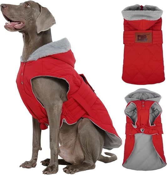 FUAMEY Dog Jackets for Large Breed, Adjustable Dogs Coats Fleece Lined for Chilly Morning, Thermal Winter Pups Outfits with Harness Hole, Sleeveless Puppy Vest Waterproof (Red, 2XL)