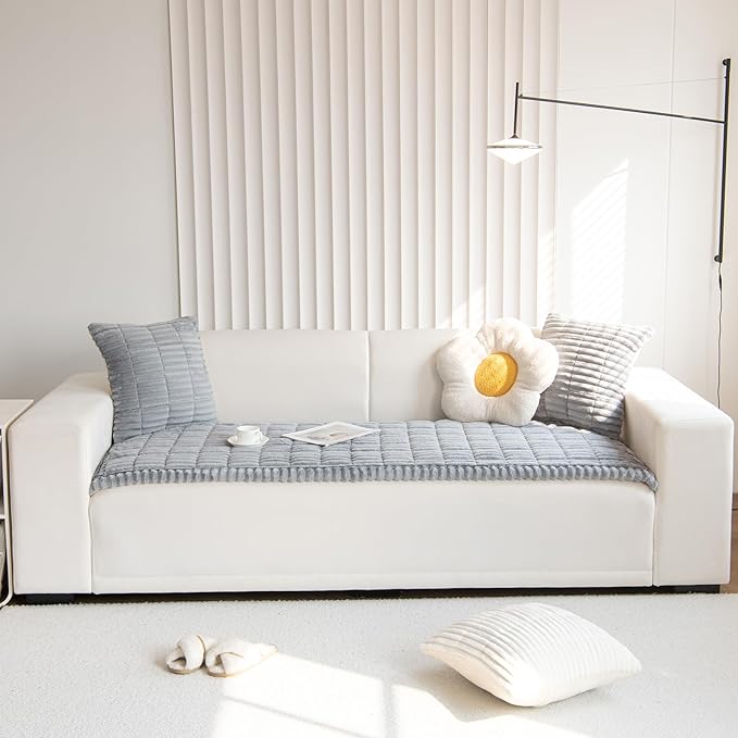 Faux Fur Plush Dog Couch Cover 3D Stripe Fuzzy Sofa Cover Non-Slip Fluffy Dog Bed Cover Pet Blanket Sofa Couch Furniture Protector for Puppy Large Dog Cat (Light Grey,35"x47")