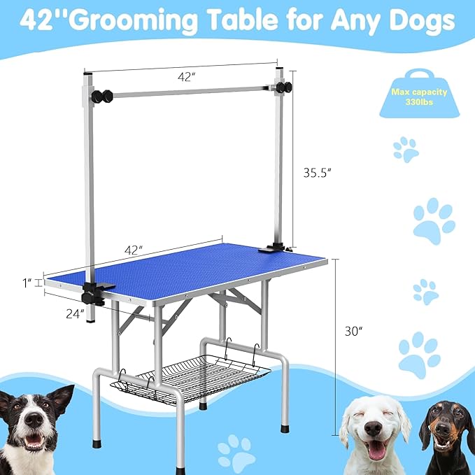 42''Large Dog Grooming Table, Adjustable Cat Drying Desktop with Arms, Nooses, Mesh Tray, Foldable Pet Station at Home, Maximum Capacity Up to 330Lb, 42inch, Blue