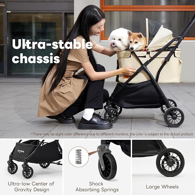 PETTENA Foldable Pet Stroller,4 Wheels Pet Strolling Cart for Small Dogs Cats up to 44 Lbs, Pet Travel Carrier Strolling Cart with Storage Basket, Portable Dog Cat Stroller with Breathable Mesh, Khaki