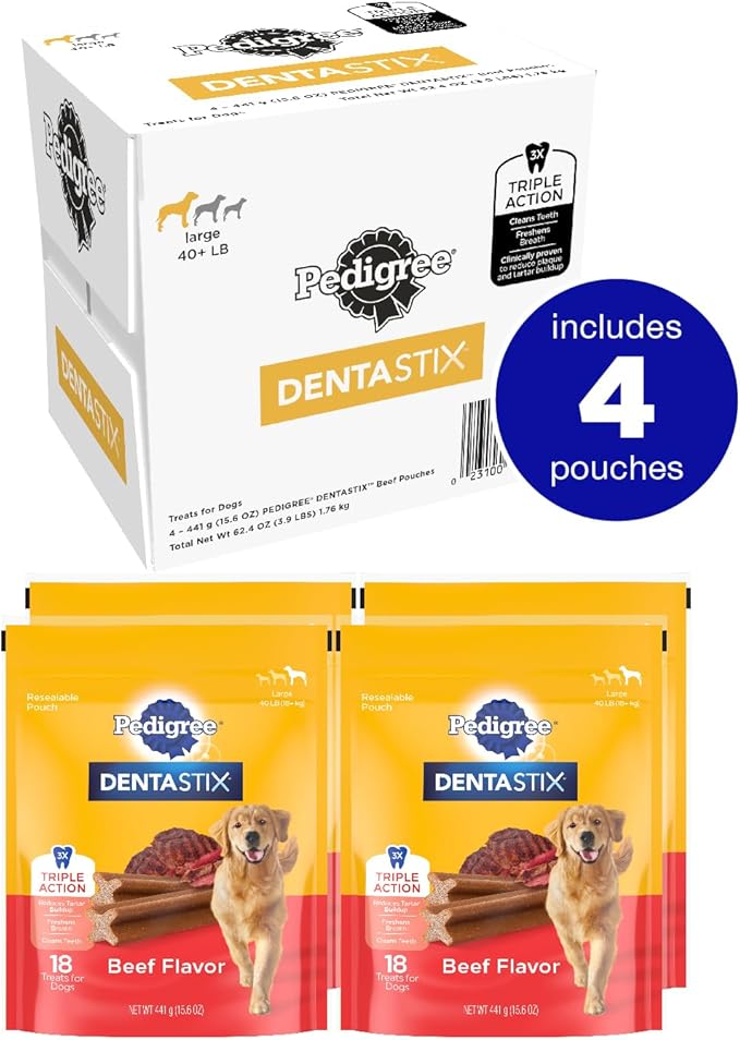 Pedigree Dentastix Large Breed Dog Treats, Beef Flavor, (4) 18ct Bags (72 Treats Total)