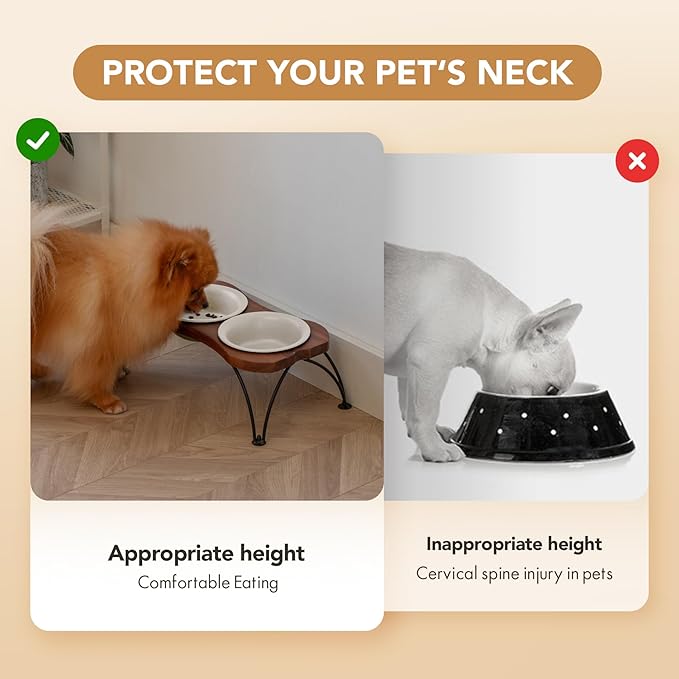 Ceramic 6.3-inch Raised Double-Bowl Set with Non-Slip Stand, Food & Water Dishes for Small and Medium Dogs, Wide Opening with Rounded Edges(Matt White)