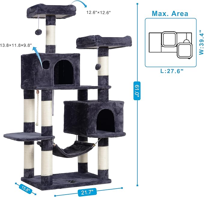 Hey-brother Large Multi-Level Cat Tree Condo Furniture with Sisal-Covered Scratching Posts, 2 Bigger Plush Condos, Perch Hammock for Kittens, Cats and Pets Smoky Gray MPJ020G