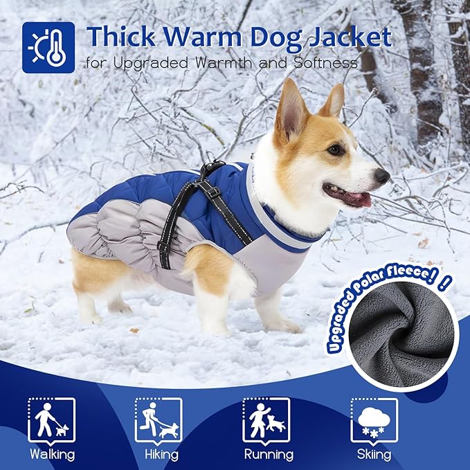 Dog Winter Coat with Harness, Dog Jacket, Pet Clothes with Zipper on Back, Waterproof Windproof Warm Vest, Reflective Cold Weather Coats, for Small Medium Large Dogs, Thick, Blue, L
