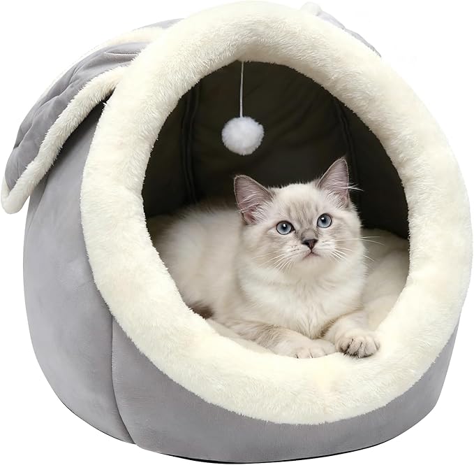 Cat Beds for Indoor Cats - Rabbit-Shaped Cat Cave Bed with Hanging Toy,Super Soft Calming Pet Bed for Kitten,Small Dog,Warm Plush&Machine Washable&Removable Cotton Pad,cat Hideaway