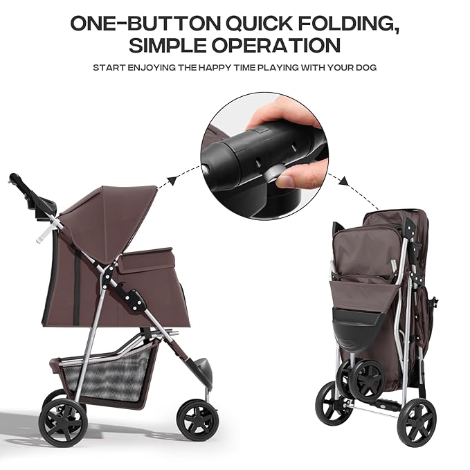 Cat Dog Stroller - 3-Wheels for Medium/Puppy Dogs 30 Lbs, Cats - Foldable with Storage Basket, Cup Holder, Breathable Mesh - Coffee