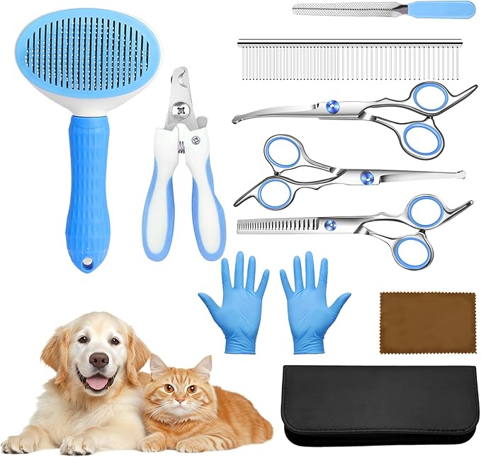 Dog Grooming Kit 9pcs Professional Scissors Set with Comb for Dogs Cats Dog Brush for Shedding Nail Clipper with Nail File Brushes for Grooming Safety Round Tip Shears Kit Blue Small Large Pet