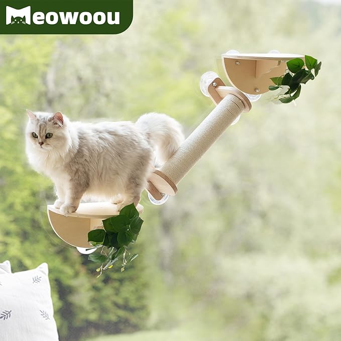 Meowoou Cat Window Scratching Post with Climbing Steps and Perches Wooden Window Mounted Cats Bed for Indoor Cats with Suction Cups(3 Pcs Cat Window Climber Set)