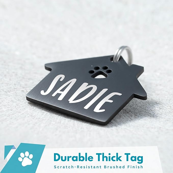 Ultra Joys Dog Tags Personalized for Pets - Hollow Paw Custom Pet ID Tag - Engraved Dog Tag for Small, Large Dogs - Large House in Black