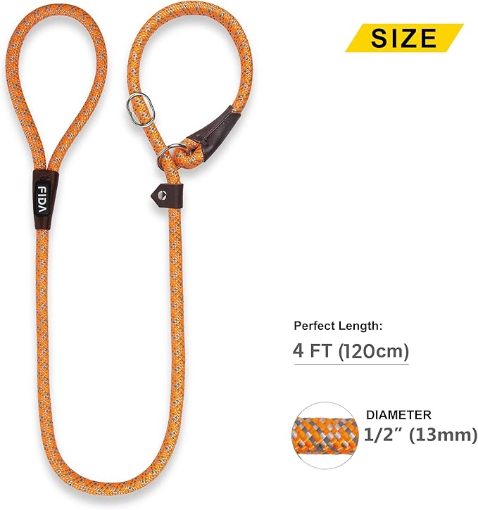 Fida Slip Leads for Dogs, 4 FT x 1/2" Dog Leash Heavy Duty Comfortable Strong Rope Leash for Large, Medium Dogs, No Pull Pet Training Leash with Highly Reflective,Orange