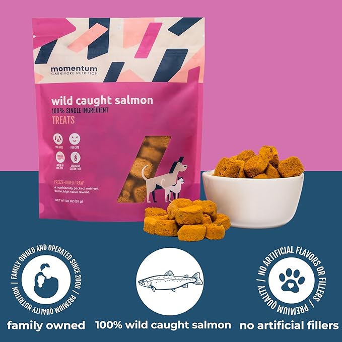 Momentum Carnivore Nutrition Wild-Caught Salmon Dog and Cat Treats - Freeze-Dried Raw - High Protein, Skin & Coat Support, Omega 3s - 3 oz Bag