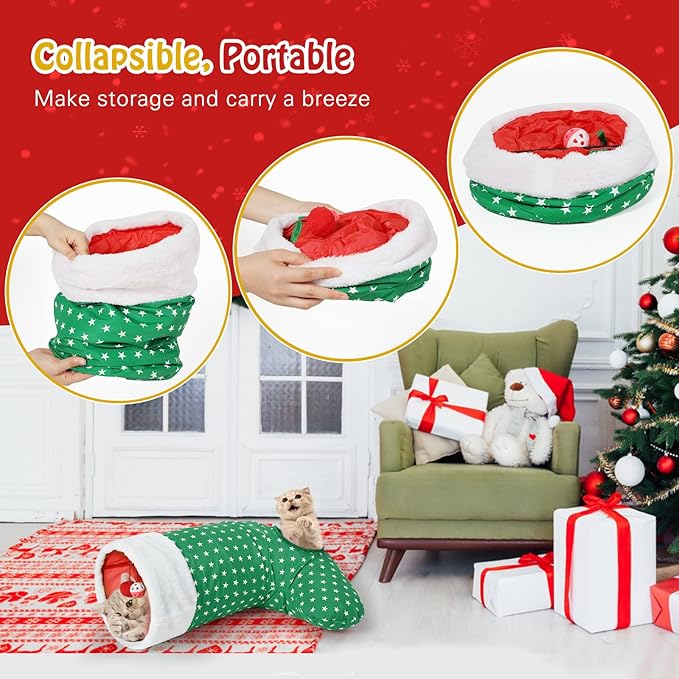 Pawaboo Cat Tunnel Christmas Sock with Bell Balls, Upgraded 2 Way Cat Tunnel Interactive Toy for Christmas, Pet Xmas Stocking with Crinkle Paper & Strong Spring-steel Frame for Cat Kitten Kitty, Green