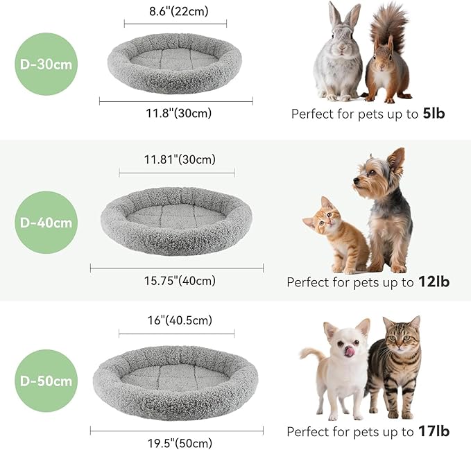 LESYPET Cat Bed for Indoor Cats, Small Pet Bed Curl Sleep Cushion with Raised Pillow Around, Non-Slip Bottom Washable Pet Beds Mat for Small Pets Rabbit Hamsters, Round Diameter 11.8"