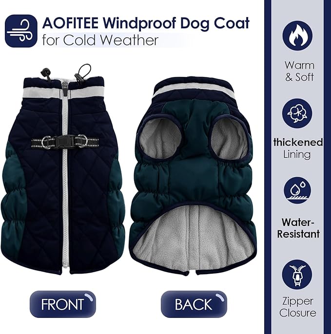 AOFITEE Dog Coat, Warm Dog Winter Coat for Small Dogs, Reflective Turtleneck Dogs Jacket with Harness Built in, Waterproof Windproof Pet Fleece Vest Snow Jacket for Cold Weather, Navy S