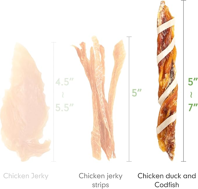 MON2SUN Dog Treats, Triple Flavor Jerky Twist Sticks, 5-7 Inch Chicken Duck and Codfish Sticks Chews for Small Dogs, Healthy Snacks, 17.64 oz (25 Count-Pack of 1)