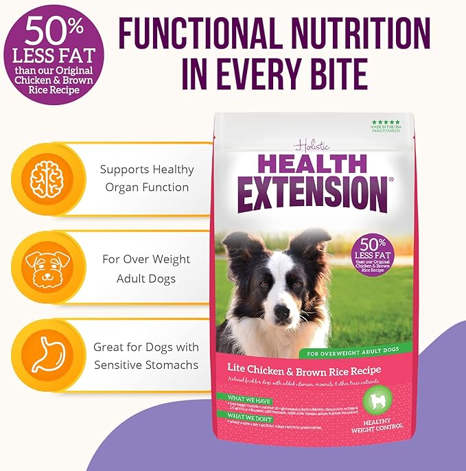 Health Extension Lite Chicken & Brown Rice Dry Dog Food (30 lb / 13.61 kg) - Low-Fat Formula with Glucosamine, Probiotics & Omega 3 for Overweight, Spayed, Neutered, or Senior Dogs