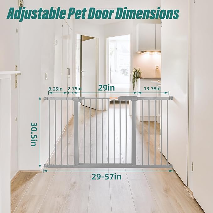 29-57" Dog Gates for Doorways No Drilling, Pet Gate Indoor, 30" Tall Metal Walk-Thru Gate, Easy One-Hand Open, Extensions & Wall Mounts Included (Gray, 57" W x 30.5“H)