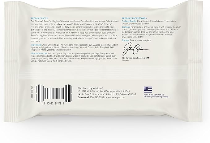 Vetnique Labs Glandex Dog Wipes for Pets Cleansing & Deodorizing Anal Gland Hygienic Dog & Cat Wipes with Vitamin E, Skin Conditioners and Aloe (100ct Pouch)