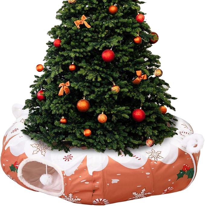 Aliceset Christmas Gingerbread Man Cat Tunnel Bed for Indoor Cats 3ft x 3ft x 10in Foldable Cat Donut Tunnel with Washable Cushion Gingerbread Man Pet Peekaboo Cave Toy for Small Kitten Kitty